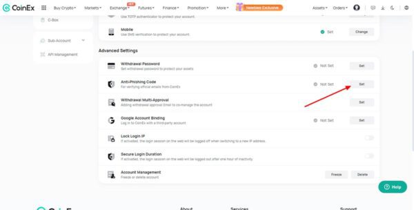 تنظیمات آنتی فیشینگ در Coinex