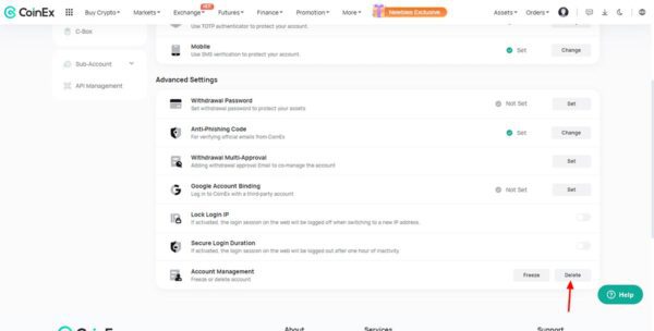 حذف اکانت در صرافی کوینکس