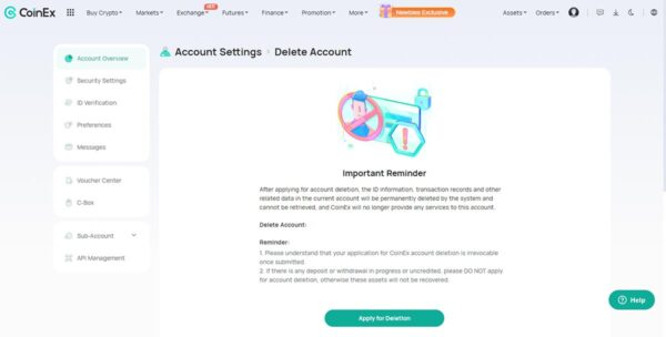 حذف اکانت در صرافی کوینکس