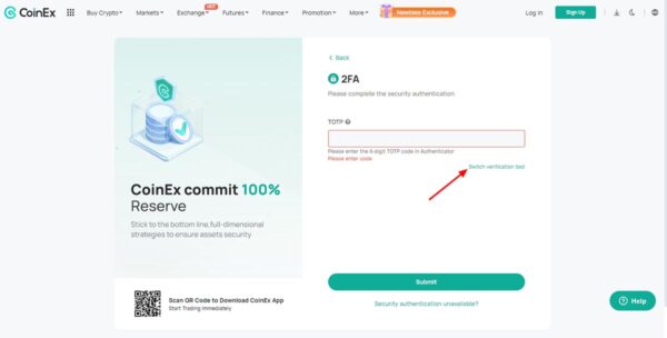 گزینه امنیتی برای ورود به صرافی Coinex