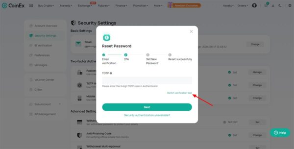 تغییر پسورد در Coinex