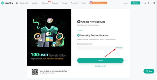 ورود کد تایید ایمیل هنگام ثبت نام در Coinex