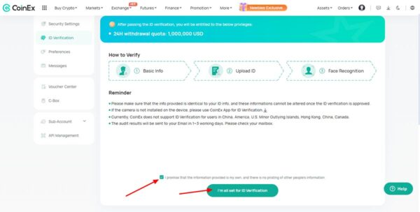 احراز هویت در صرافی Coinex