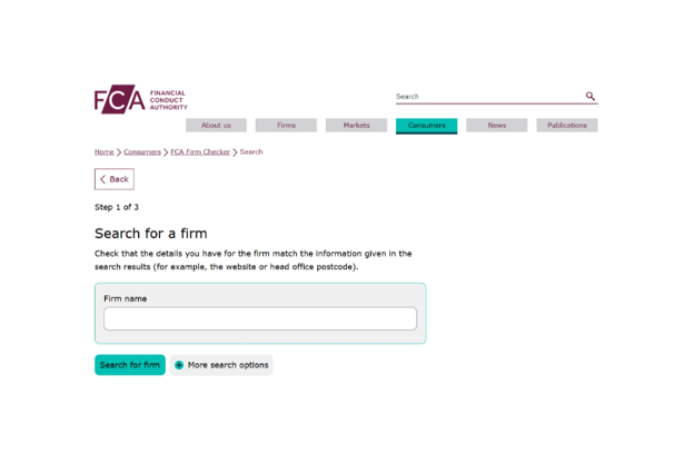 بخش Firm Checker در وب‌سایت FCA