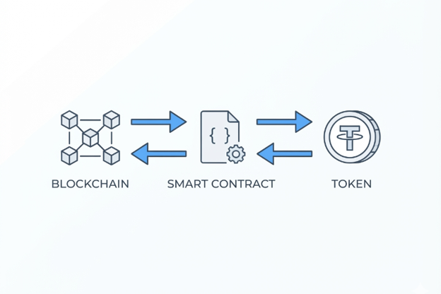 توکن چیست؟ آشنایی با انواع توکن 2 ارتباط بین توکن، قرارداد هوشمند و بلاکچین