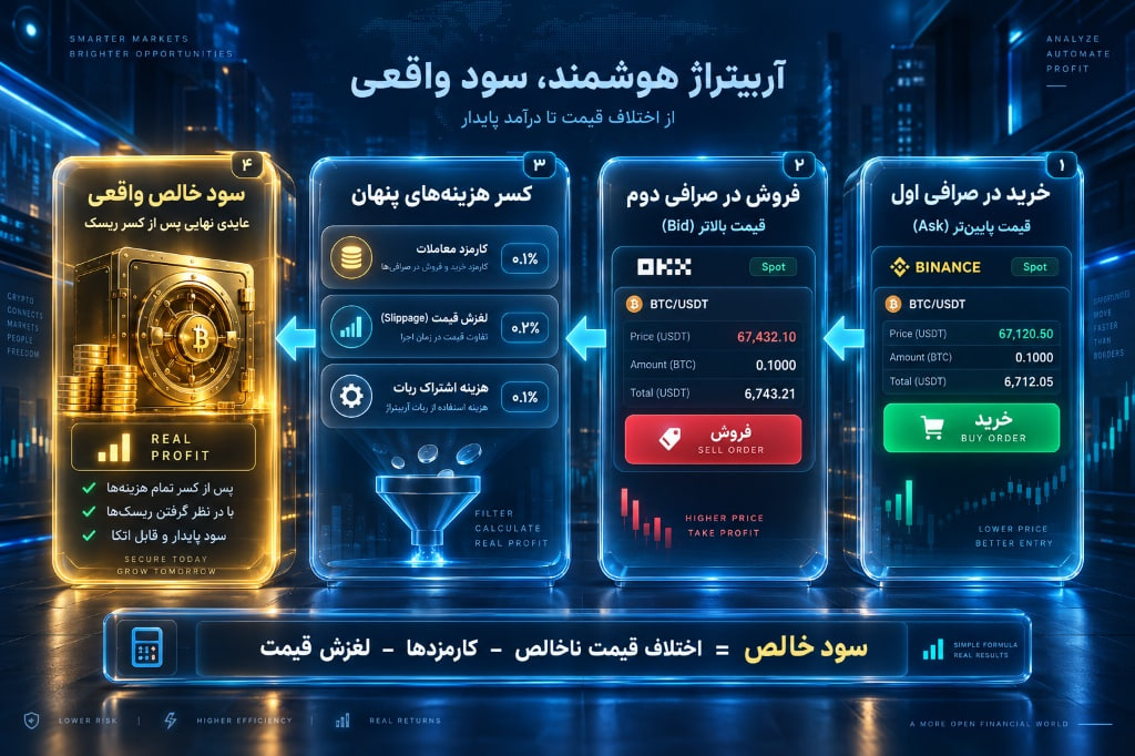 اینفوگرافیک نحوه کار آربیتراژ ارز دیجیتال و کسر کارمزد و لغزش قیمت