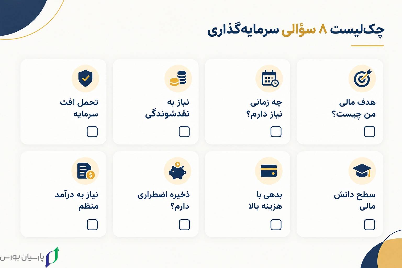 چک لیست انتخاب بین سرمایه گذاری در بانک و بورس با هشت سؤال مالی
